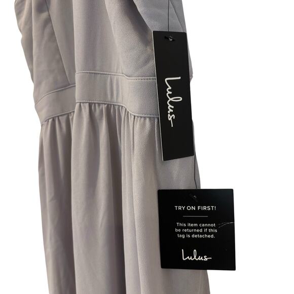 Lulus Criss Cross A-Line Chiffon Floor Length Dress Light Grey Medium NEW - Picture 4 of 8